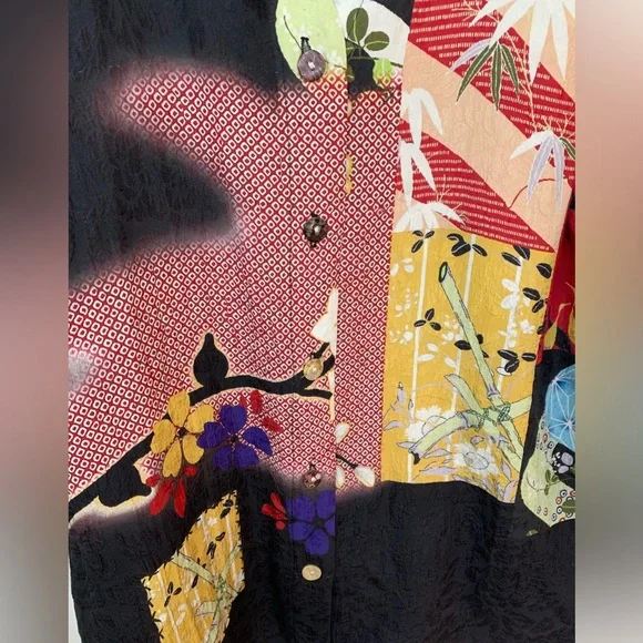 Citron 100% Silk Blouse Top Women’s Size Large Patchwork Asian Floral Arsty - Picture 5 of 8